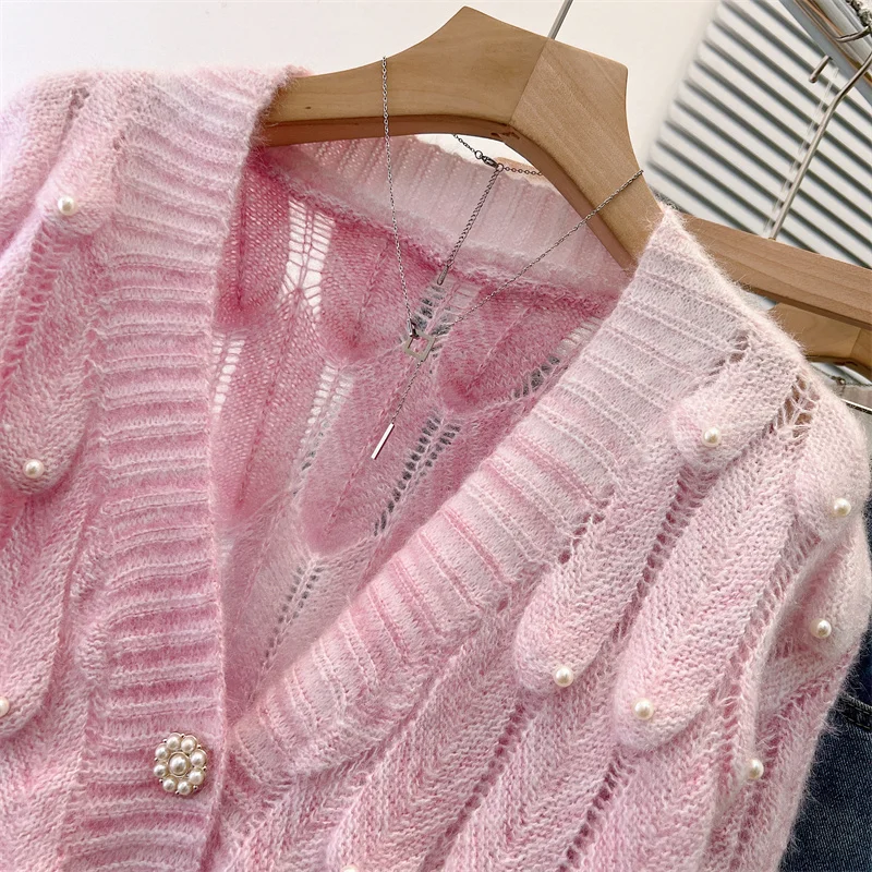 Chic Design Sweet Pink Sweater Jacket Women Streetwear Jacquard Beaded V-neck Knitted Cardigan Outerwear Tops