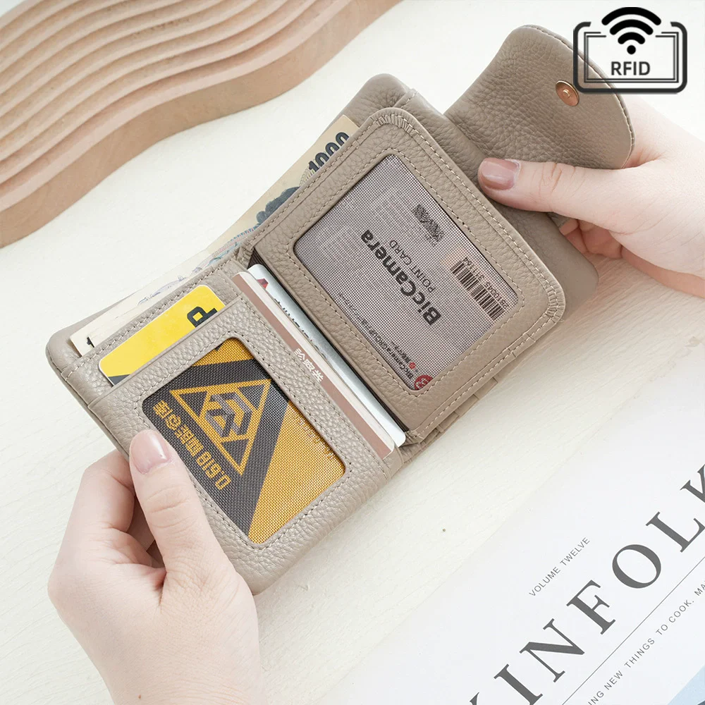 RFID Coin Purse Genuine Cow Leather Short Wallet Trifold for Small Women's Purses Clutch Cowhide Card Holder Travel Card Wallets