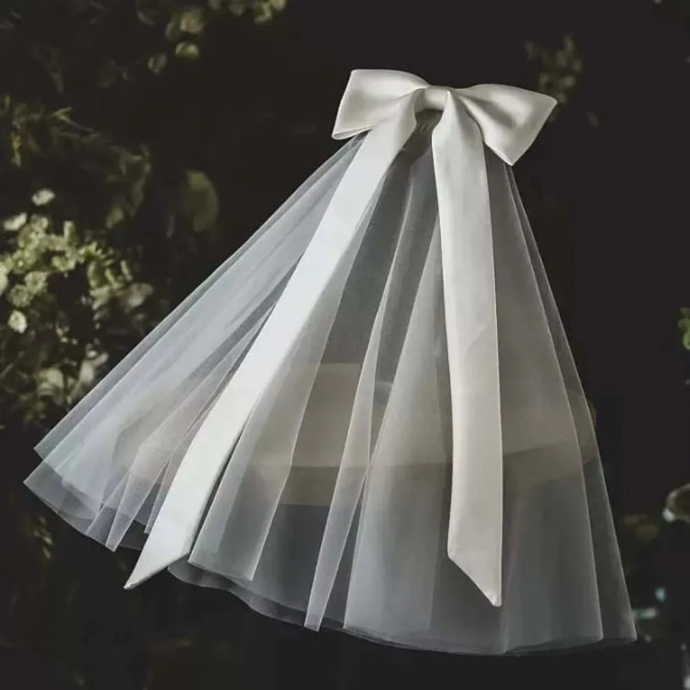 Beautiful White Bridal Veil Long Veil Bowknot Ribbon Wedding Shawl Double Layer Tulle Shawl Women's Wear
