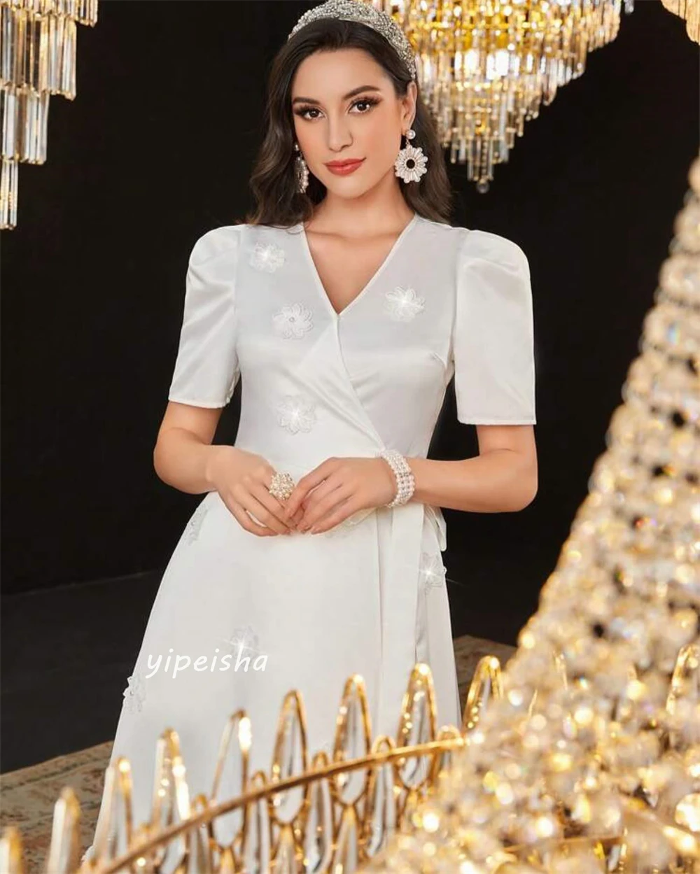 Prom Dress Saudi Arabia Satin Applique Draped Graduation A-line V-Neck Bespoke Occasion Gown Long Sleeve Dresses