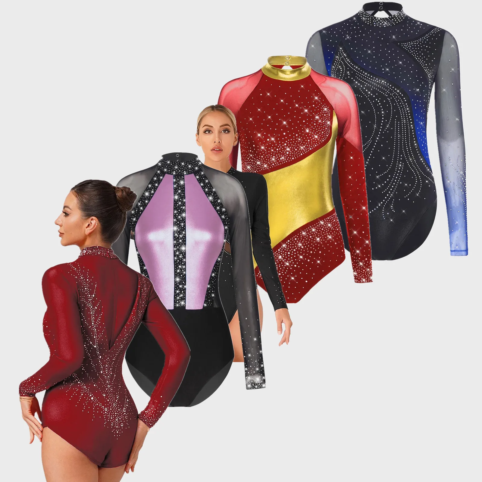 

Womens Gymnastics Figure Skating Performance Costume Metallic Ballet Jersey Dance Leotard Jumpsuit Shiny Rhinestones Bodysuit