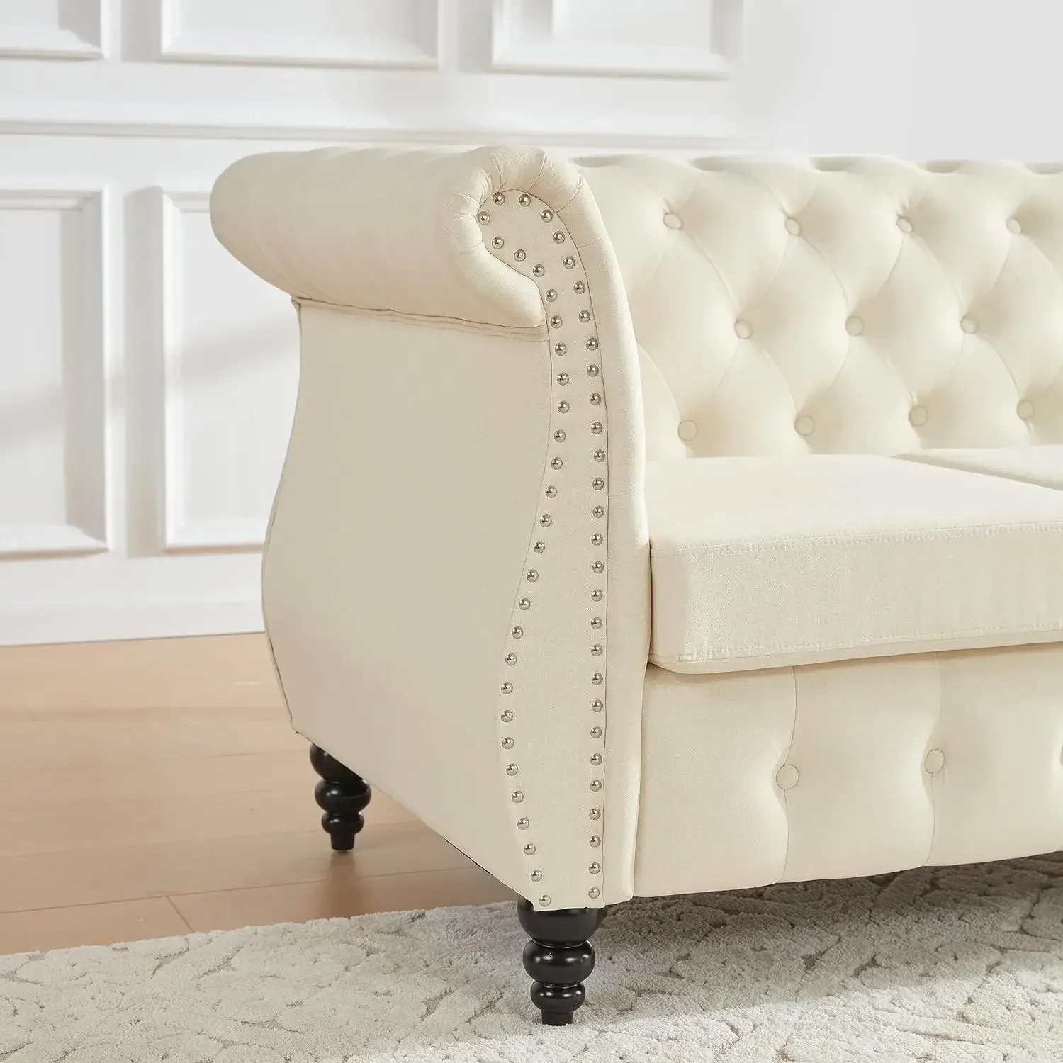 A Sofa with Rolled Arms, Classic Button Tufted 2/3 Seater Couch with Nailhead Trim, Upholstered Couches