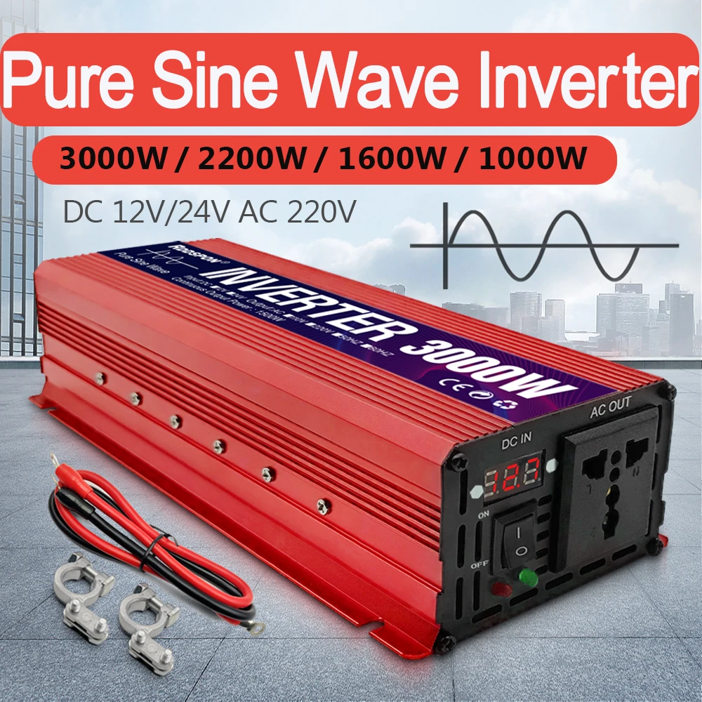 Sine Wave Solar Inverter with Portable Power Banks, converting DC 12V to AC 110V/220V, Peak Power ranging from 1000W to 3000W.