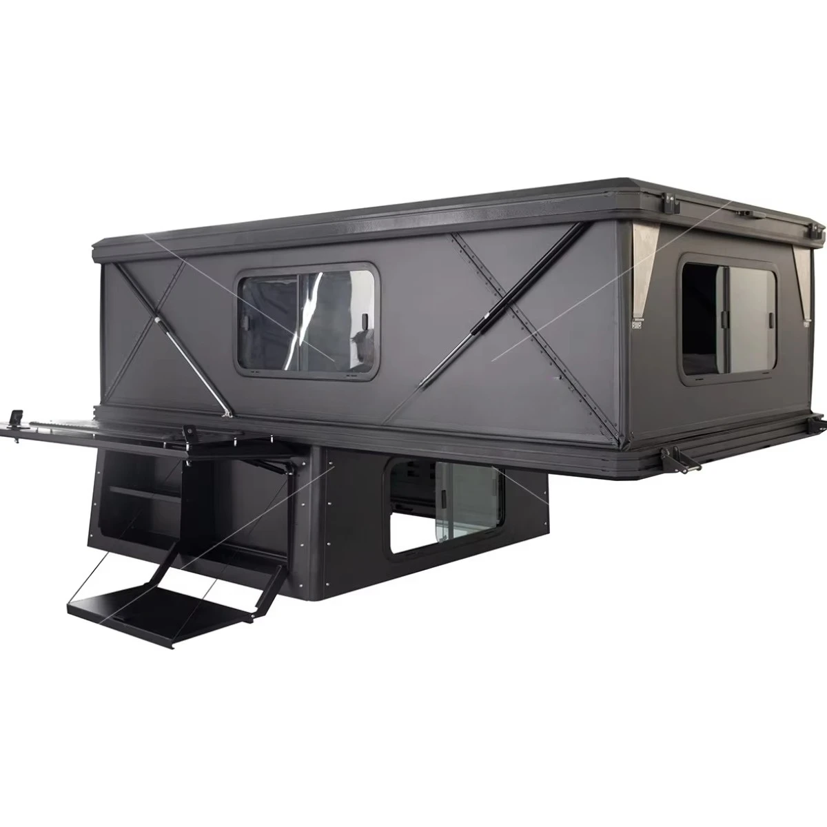 Four Season Pickup Camper Hard Shell Rooftop Aluminum Hard Shell Tent the Bed Board Support the Weight of 2 Adults.