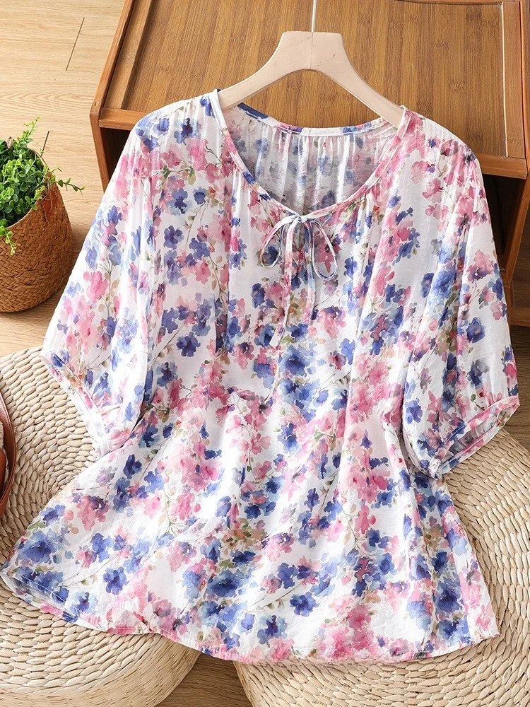 

Cotton Linen Short Sleeve Shirt Women's Summer Anti-Aging Slimming Breathable Overhead Floral Print round Neck Tie Dress Top
