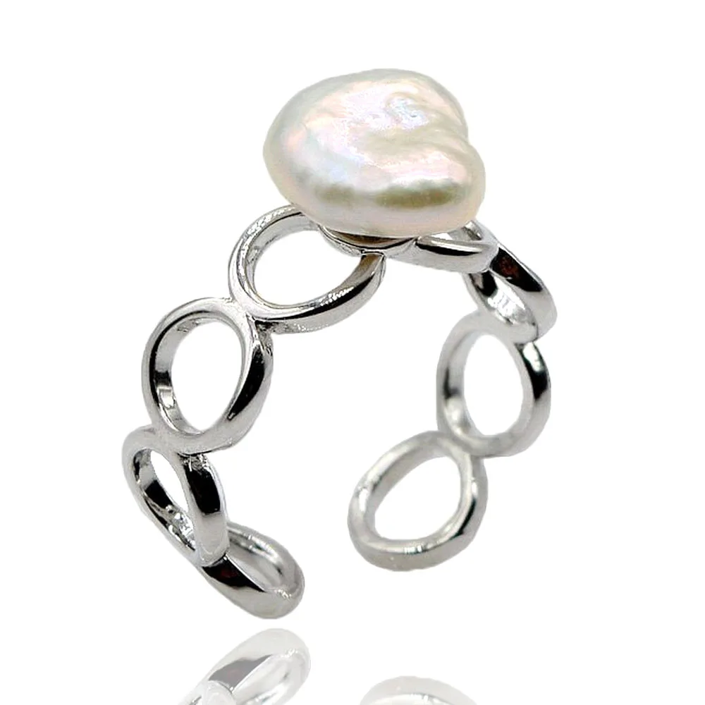 Women's Ring White Natural Pearl Ring Irregular Baroque Open Silver Ring Adjustable, Hollow Out Design, Vintage Jewelry