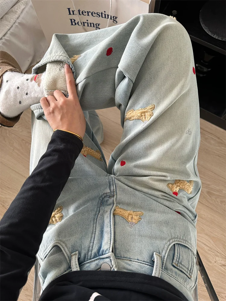 시사스 자수 장식 데님 청바지 여성 플러스 사이즈 와이드 레그 팬츠 루즈 슬림핏 바닥 길이 캐주얼 하이웨이스트