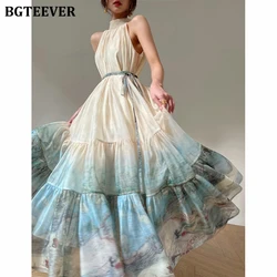 BGTEEVER Elegant Halter Sleeveless Ladies A-line Dress Spring Summer Loose Belted Printed Mid-Length Dress Women
