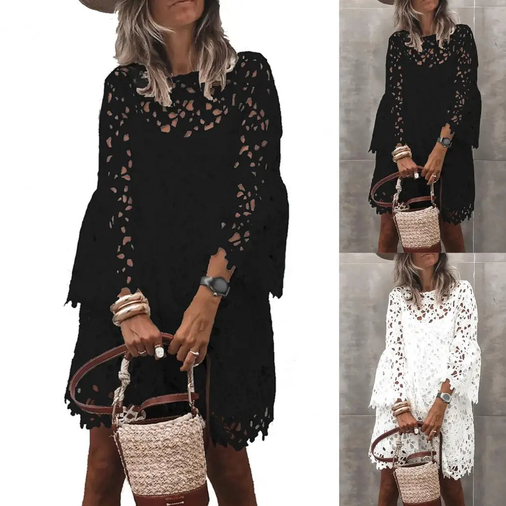 Two Pieces Set Women Sling Dress Cover-Up Set Lace Flare Sleeve Women Autumn Dress See Through Tunic Dress Sets White