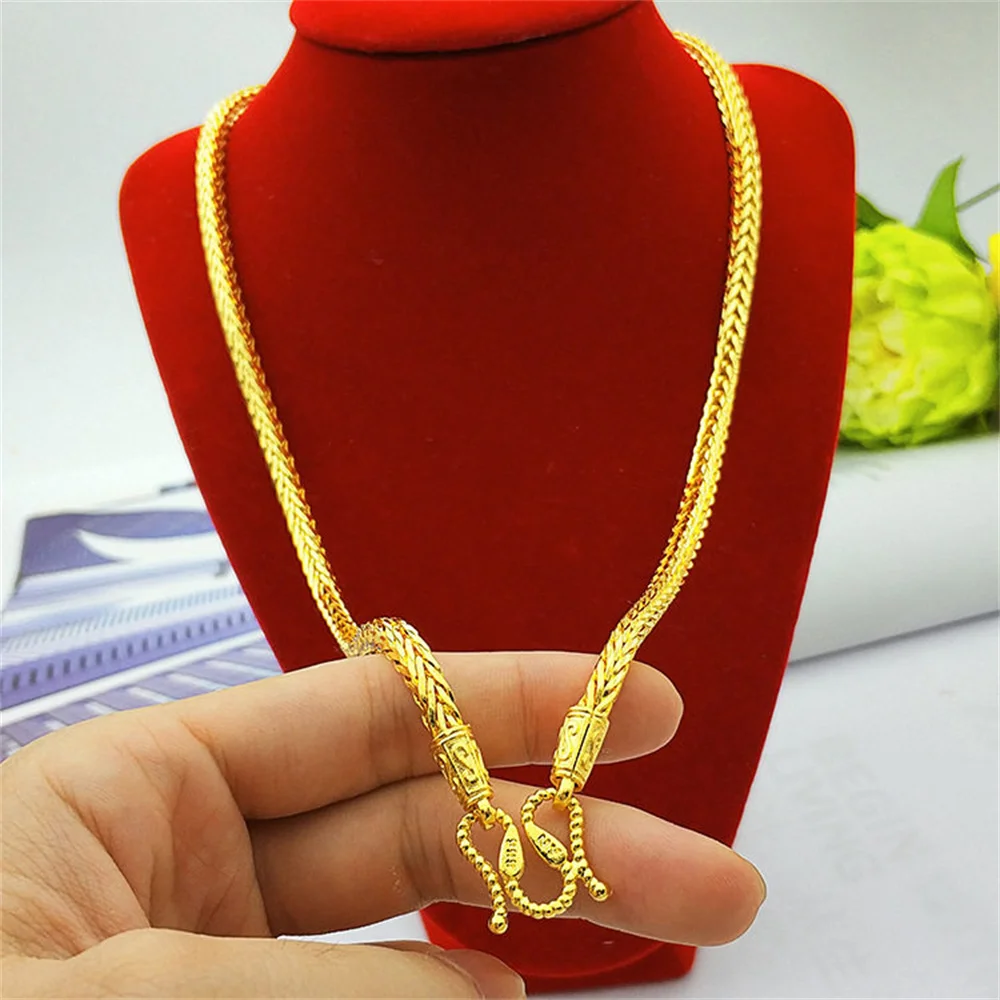 OUYADI 14K Gold Plated Stainless Steel Retro Men Necklace, Intricate Braided Wheat Chain, Elegant Domineering Male Jewellery
