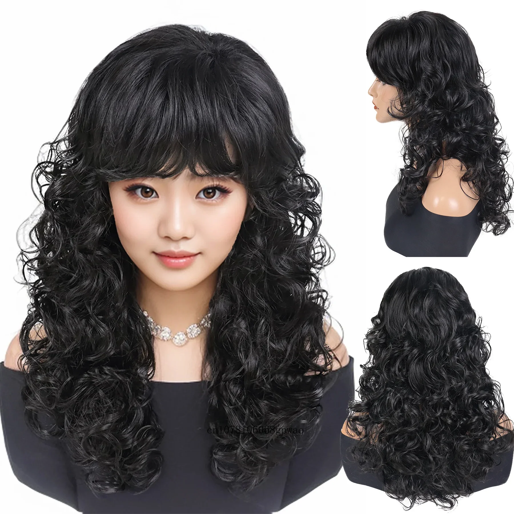 Penteados fofos cabelo sintético preto longo encaracolado peruca ondulada com franja para mulheres fibra saltitante traje de festa diária resistente ao calor