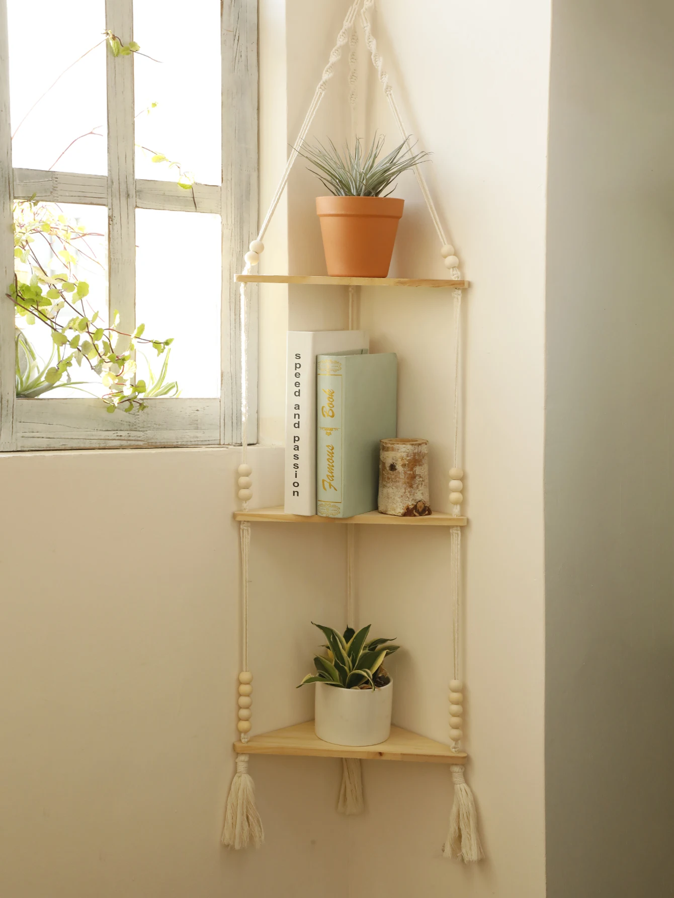 1/2/3-tier Hand Woven Corner Storage Rack Boho Room Floating Wall Shelf Home Decorations Display Stand For Craft Potted Plants