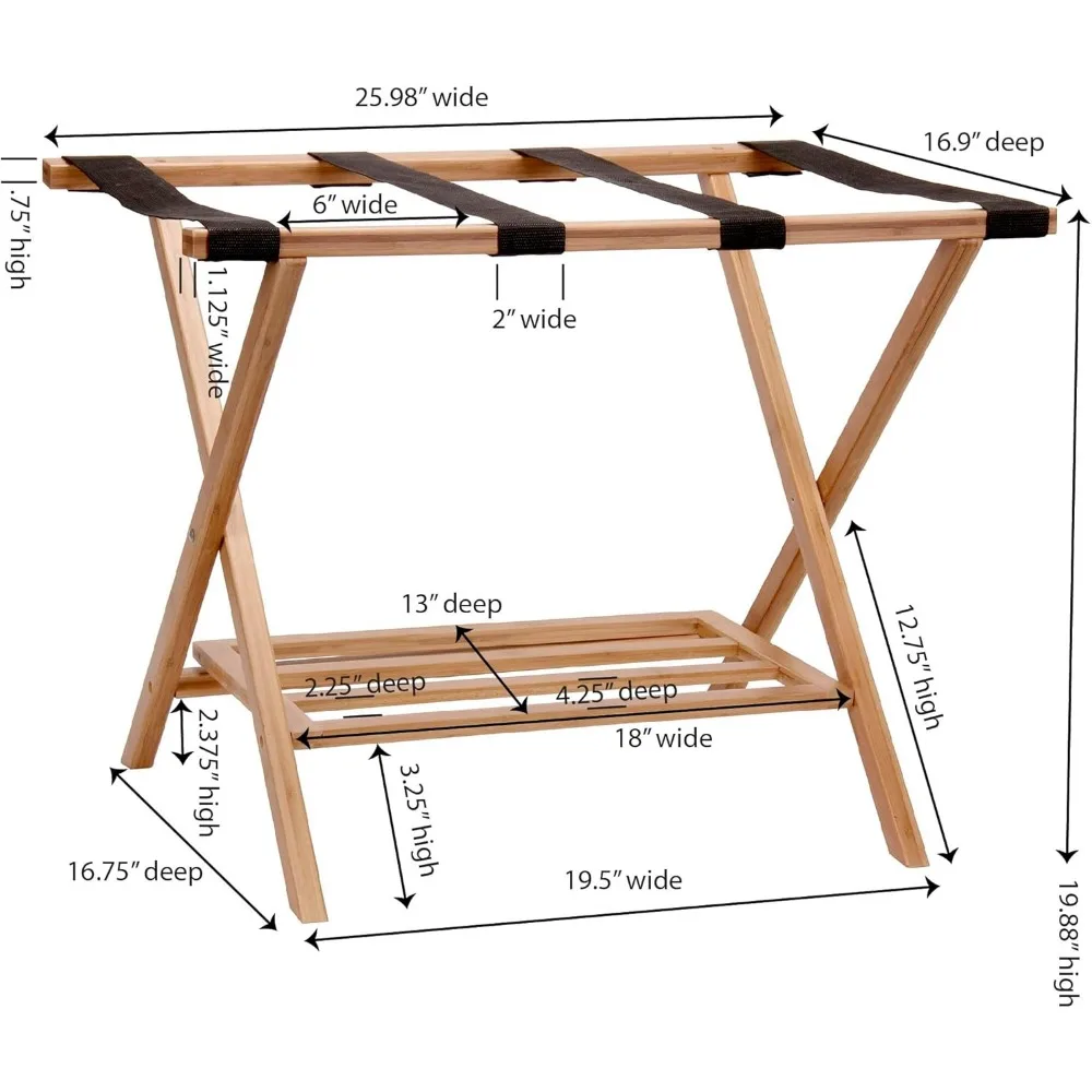 Household Essentials Fully Assembled Folding Luggage Rack with Lower Storage Shelf | Bamboo Frame with Black Straps, Brown