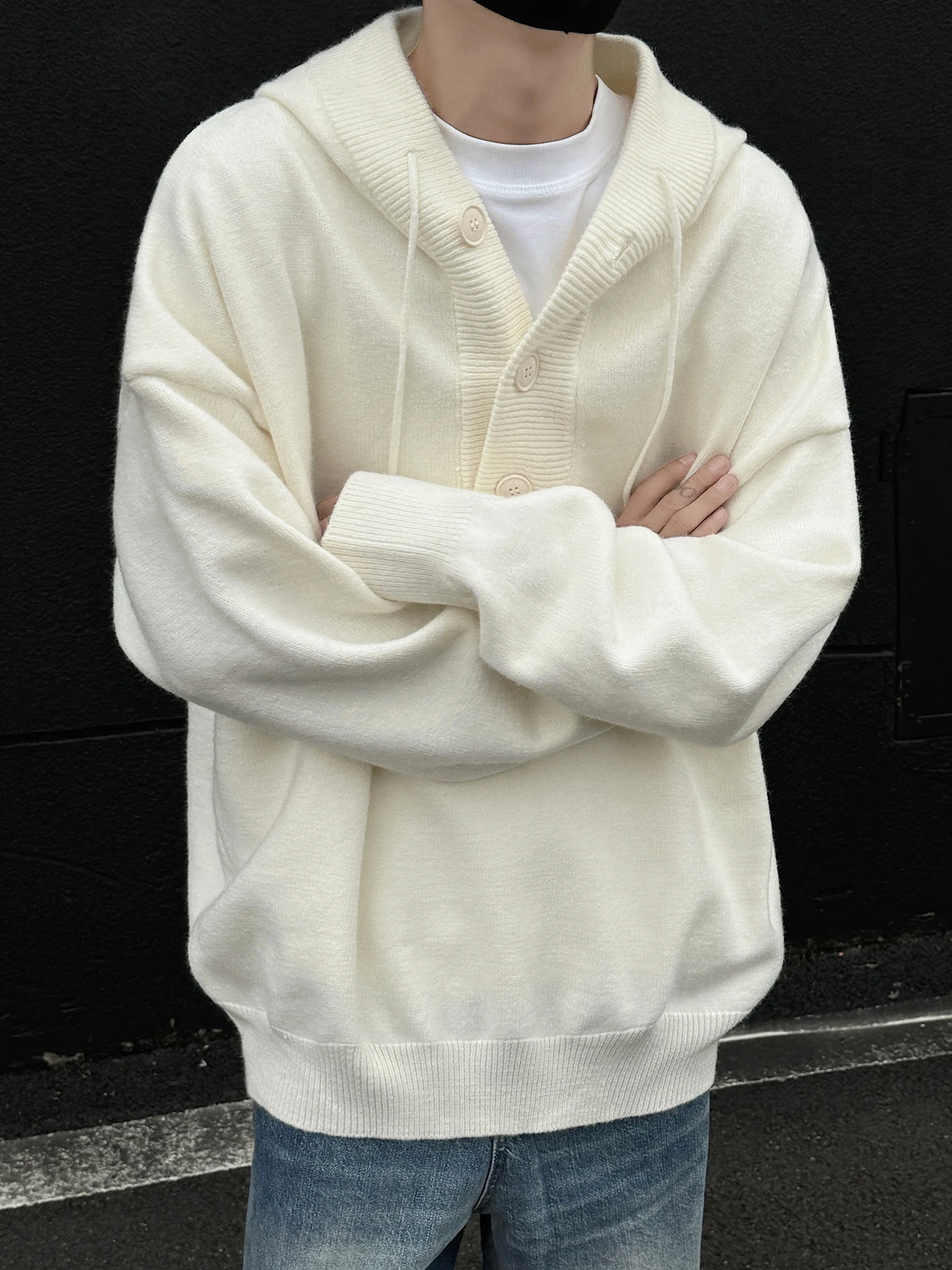 2025 Spring and Autumn Men's Gray Apricot Half Cardigan Knitted Sweater Men's Trendy Loose Casual Red Black Hooded Sweater