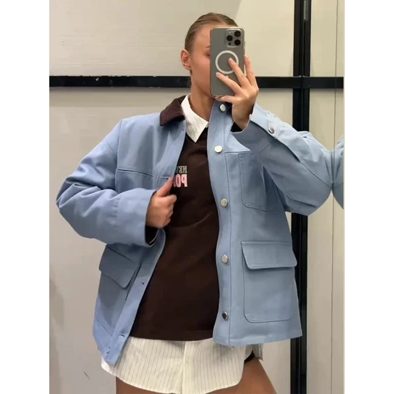 Vintage Multi Pocket Women's Jackets Casual Lapel Patchwork Single Breasted Full  Sleeve Loose Coat 2026 Autumn Street Outerwear