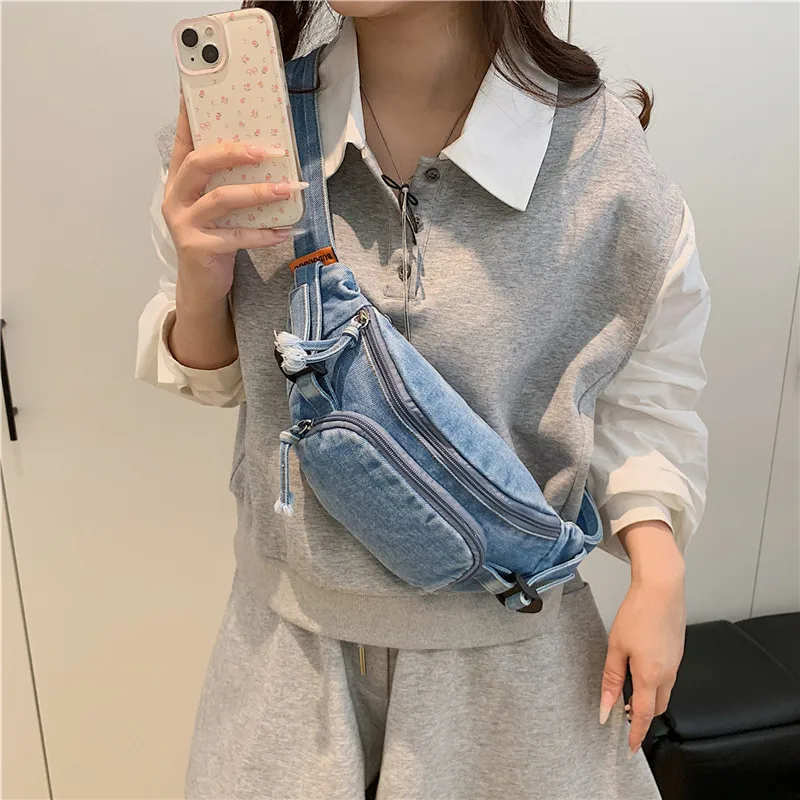 

Durable denim chest bag, women's crossbody bag, large-capacity multi-pocket single-shoulder phone bag, backpack