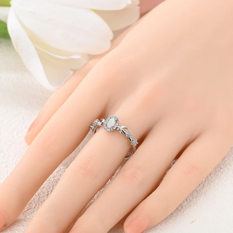 الرجعية 925 فضة مزدوجة الطبقات موجة مجموعة حجر حلقة واسعة و تألق نجمة القمر أوبال خاتم زوجين تجربة هدية مجوهرات