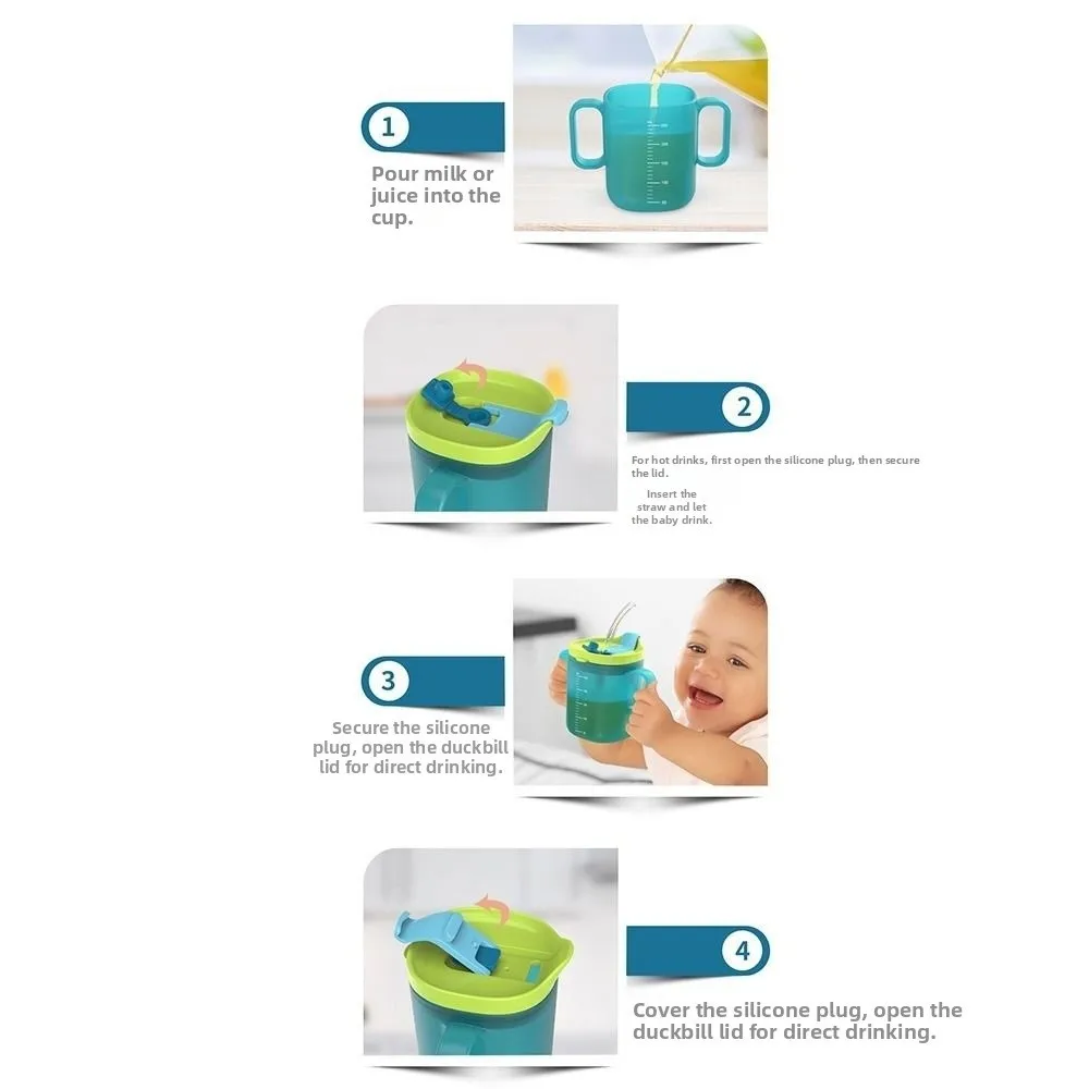 كوب شرب مياه للأطفال مقاوم للانسكاب، تعلم شرب كوب حليب للأطفال الصغار مع غطاء من القش، كوب بلاستيكي لتغذية الطفل