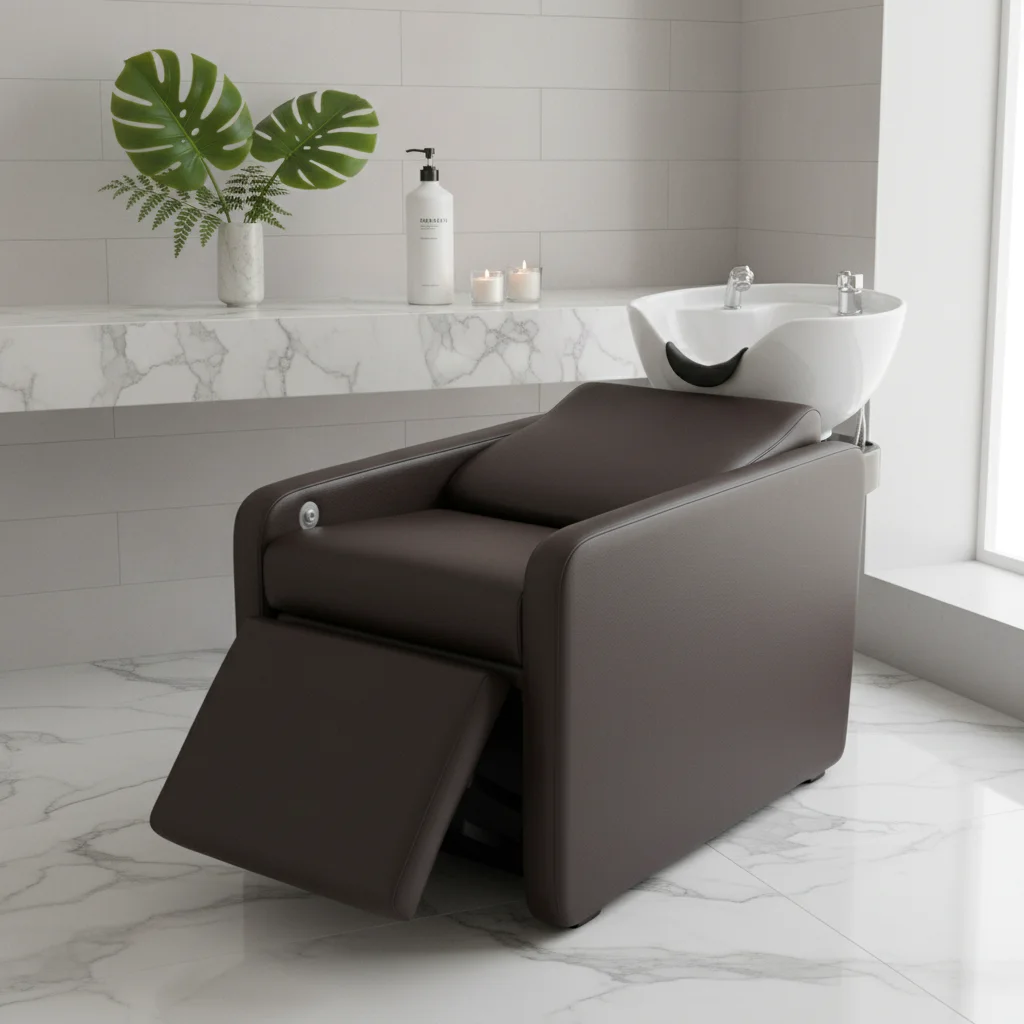Global Shipping Modern Luxury Shampoo Chair with Adjustable Ceramic Basin Firebite Glass Frame