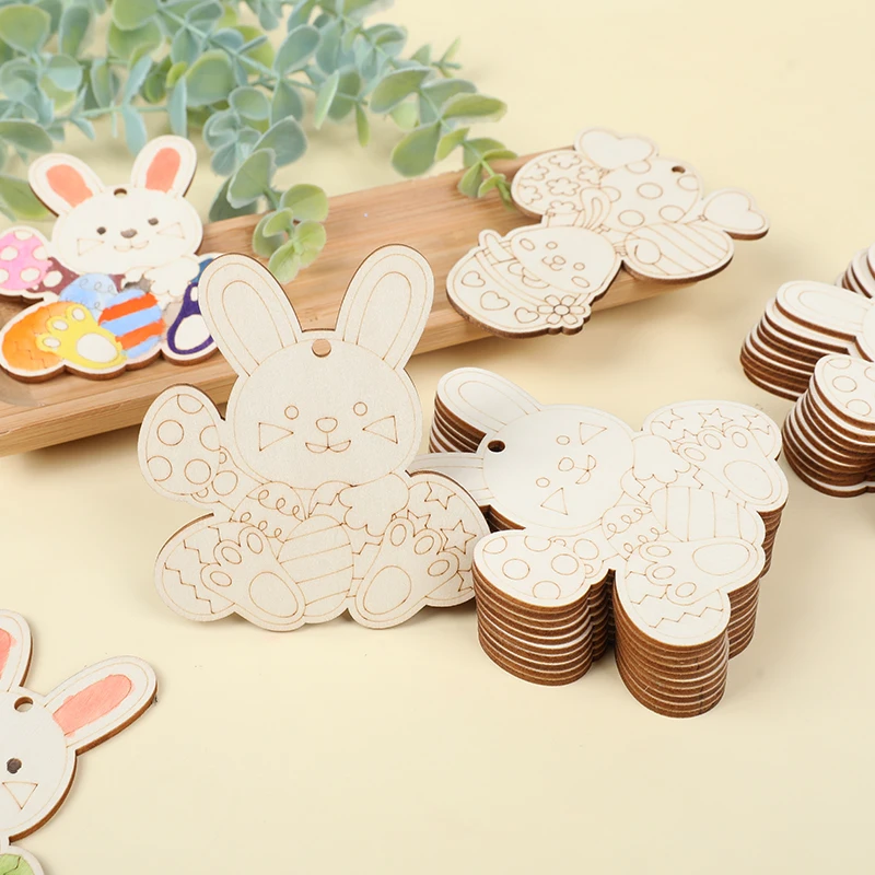 10Pcs Wooden Easter Rabbit Craft Kids DIY Painting Gift Bunny Egg Hanging Ornament Happy Easter Home Party Decoration Supplies