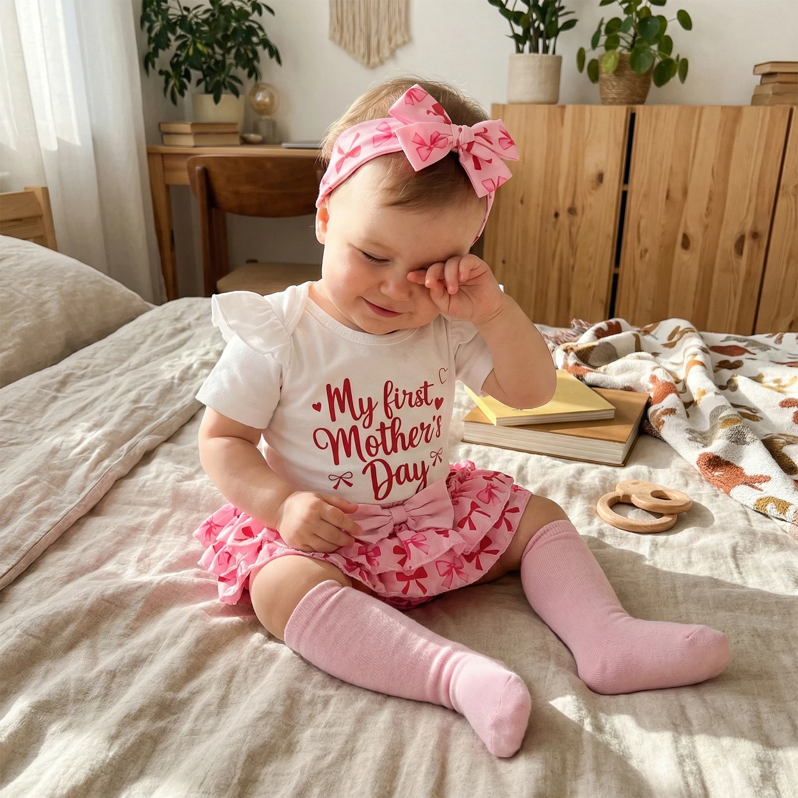 Baby Girl My First Mothers Day Outfits Letter Print Short Sleeve Romper Ruffled A Line Skirt Stockings Headband 4 Pcs Set