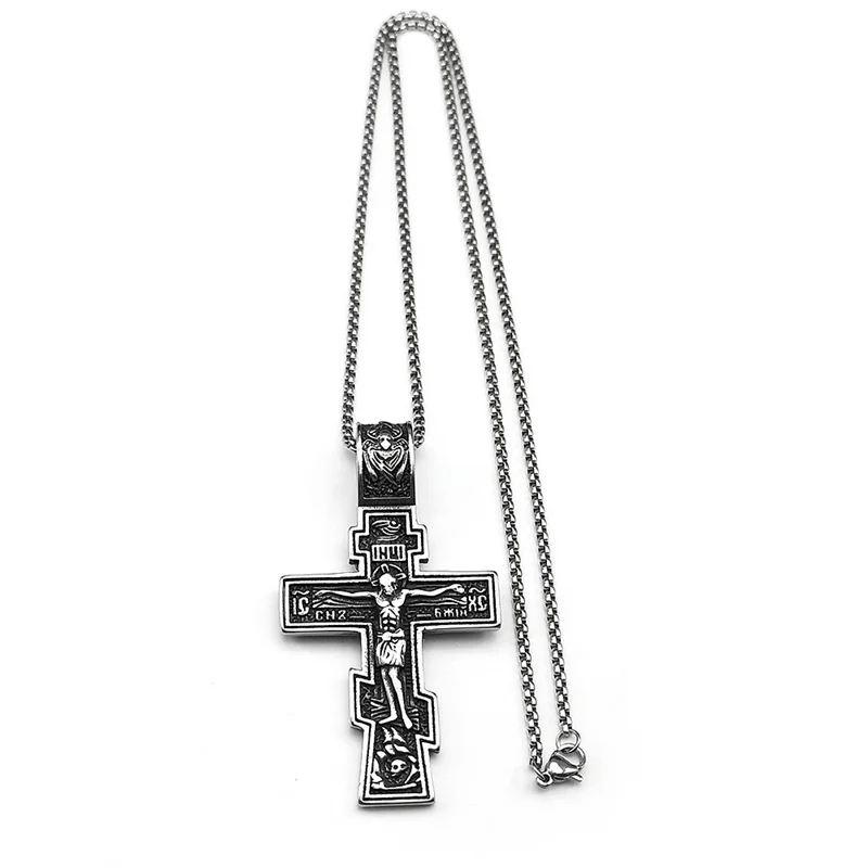 Östliche Orthodoxe Kreuz Jesus Anhänger Halskette Für Frauen Männer Edelstahl Silber Farbe Dark Punk Männliche Kette Schmuck Geschenke – Detail 6