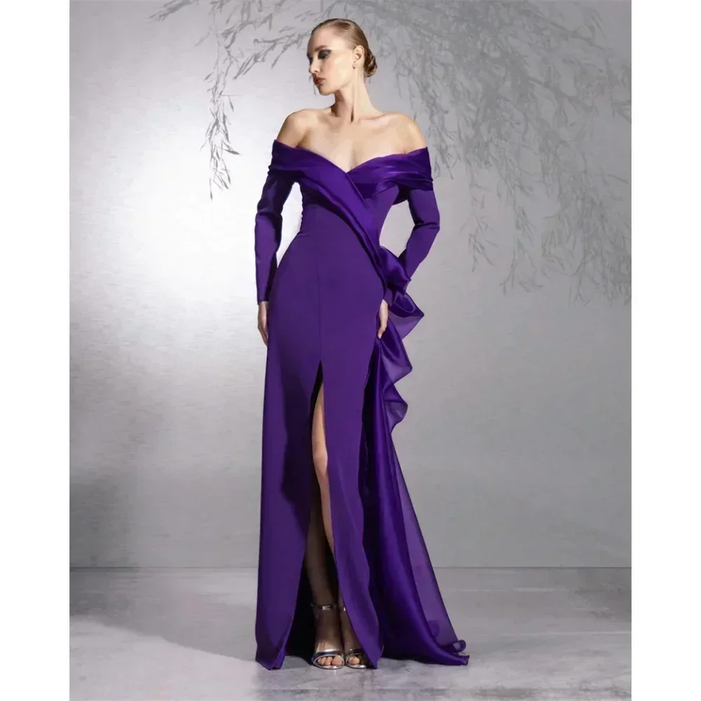 

Customized Prom Dress Elegant Purple Off Shoulder Evening Dresses Sexy Mermaid Long Sleeved Forking Vestido Satin Gown for Women