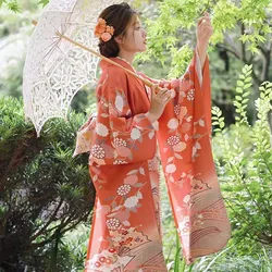 Japanese Retro Modified Kimono Photography Orange Color with Chrysanthemum Water Pattern Traditional Japanese Cloth