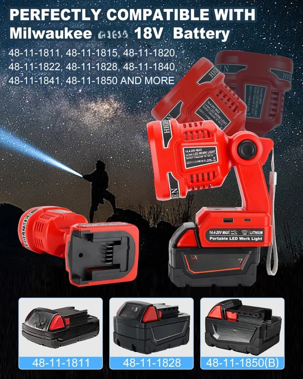 1120LM LED Flashlight for Milwaukee 18V Battery Cordless LED Work Light Spotlight Jobsite Light for Camping Outdoor Indoor