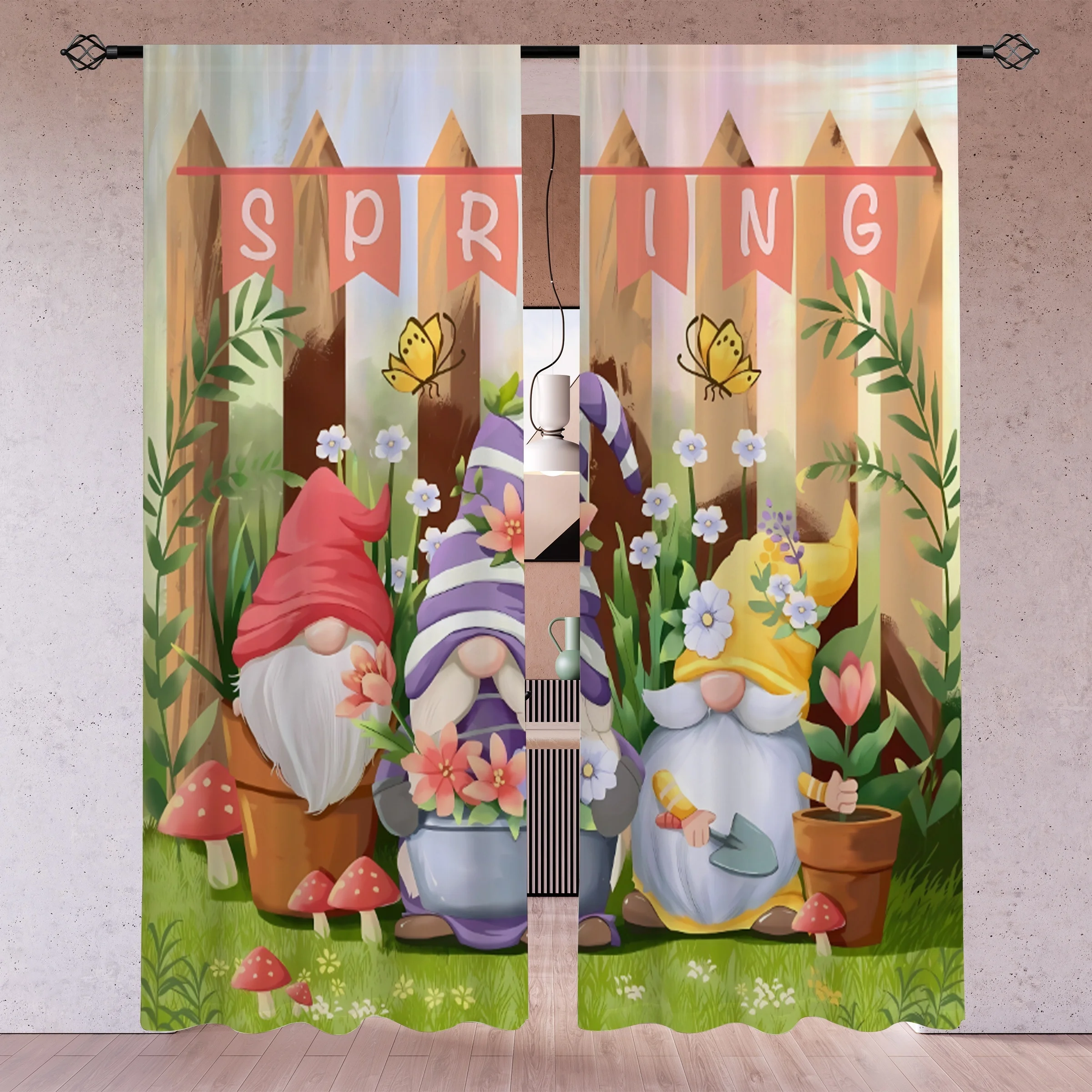 Cottagecore Spring Gnome Dwarfs Cartoon Window Curtains Whimsical Garden Theme Nursery Room Decoration Kids Boys Girls Cute