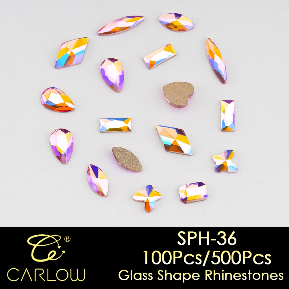 CARLOW Pink AB Top Quality Mix Shape Gold Bottom Glass Nail Art Rhinestones Flat Back Non Hot Fix Strass for Decoration SPH-36