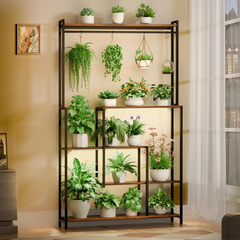 Tall plant shelf, indoor with grow lights, 72 inch layered metal plant shelf, living room, large square corner display shelf