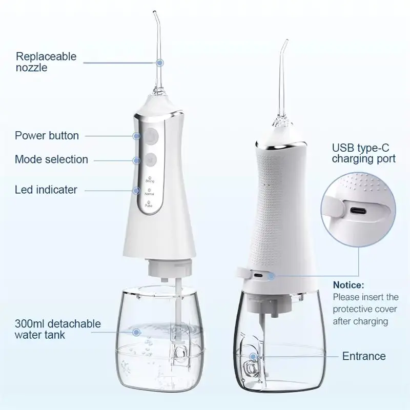 XIAOMI Dental Oral Irrigator Water Flosser Thread Teeth Pick Mouth Washing Machine 5 Nozzels 3 Modes USB Rechargeable 300ml Tank