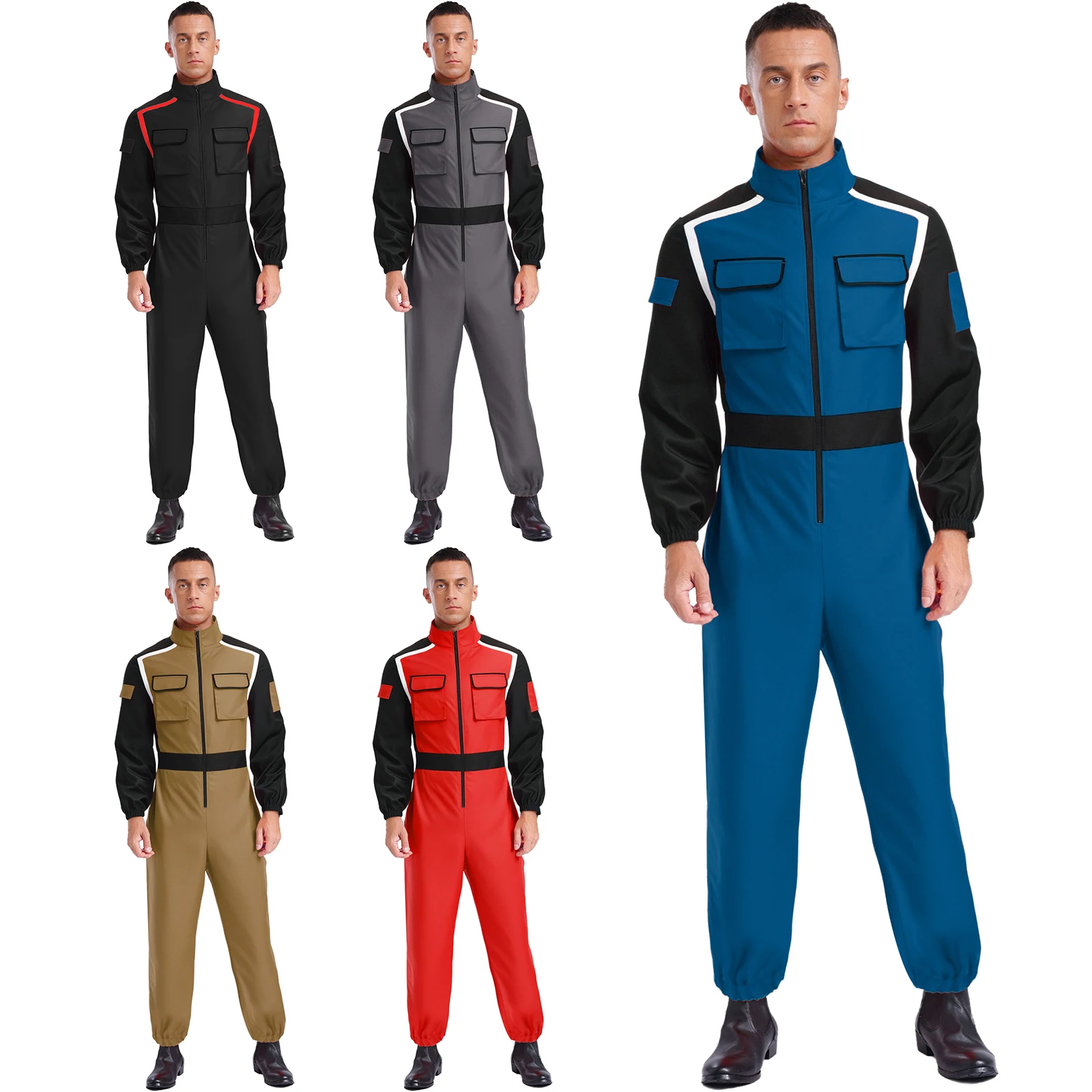 Halloween Men Racing Driver Fireman Cosplay Rompers Long Sleeve Long Pants Pockets Contrast Color Jumpsuit for Driving Outfits