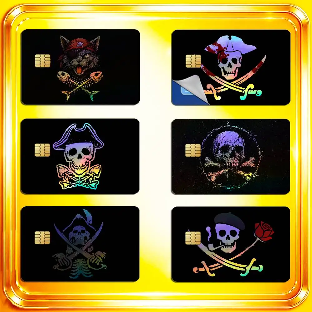 For Fish Cat Skull Pirate Jack Rackham Jolly Roger Credit Bank Sticker ID Access Card Cover Skin Rainbow Color Laser Stickers