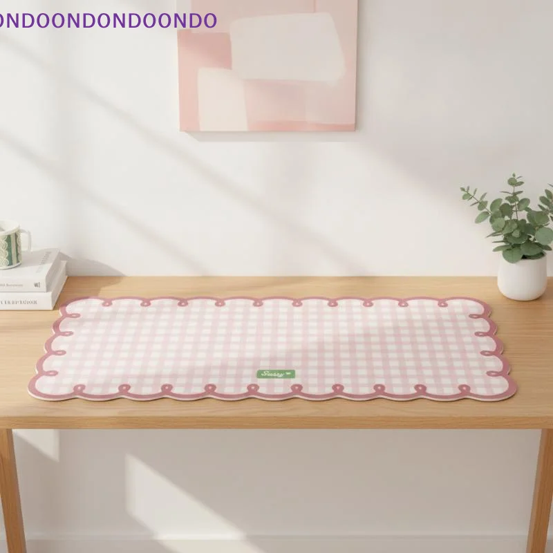 Pink Gingham Leather Desk Mat With Waterproof Non Slip Surface Cute Scalloped Edge For Home Office Study Work