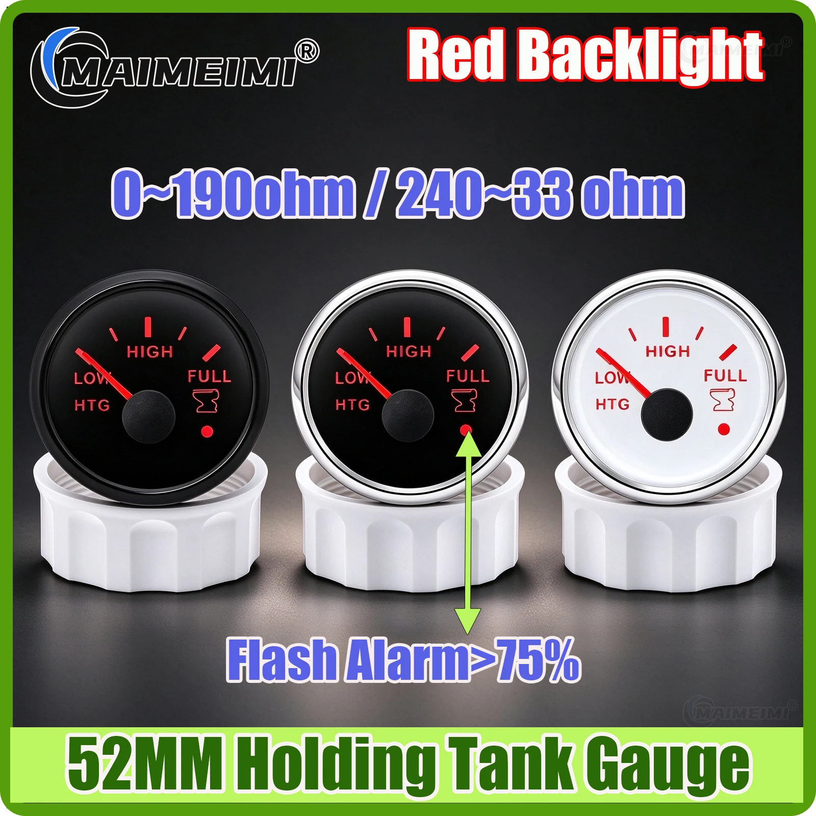 Pointer 52MM Holding Tank Gauge with Flash Warning 0-190ohm/240-33ohm Sewage Level Gauge Waste Level Meter for Diesel Boat Yacht
