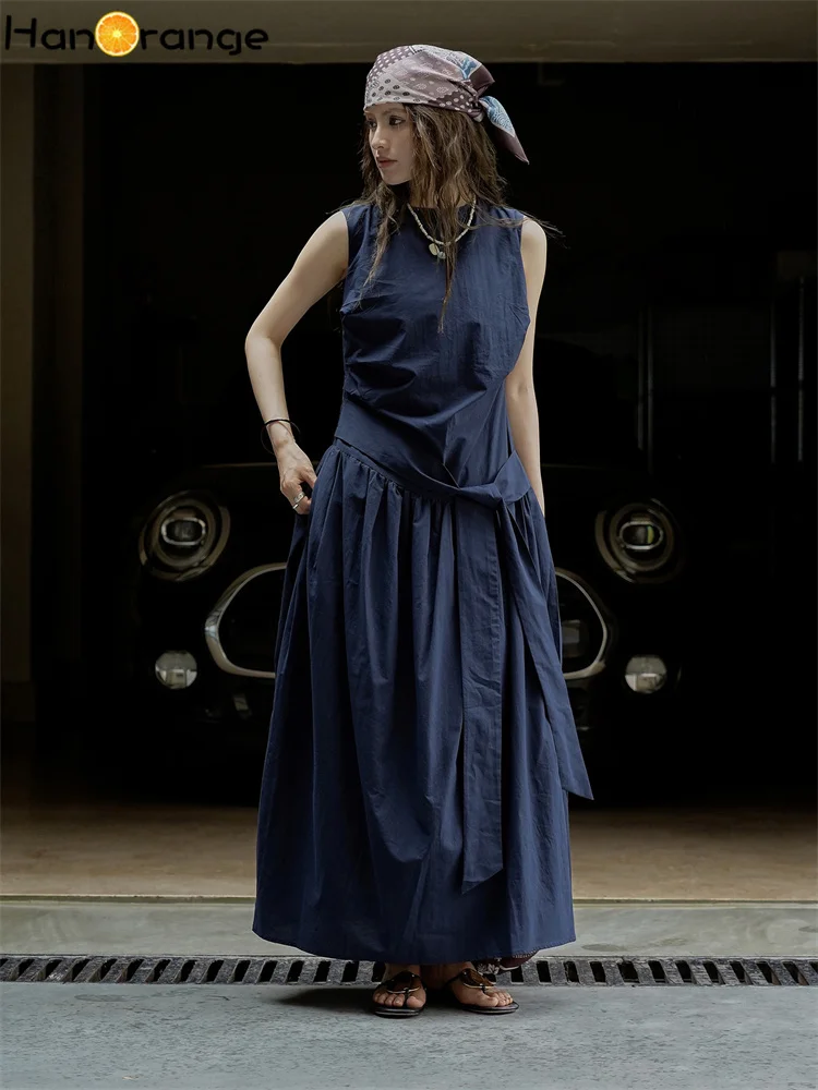 

HanOrange 2025 Summer Temperament 3D Pleated Strap Tank Dress Lightweight Breathable 100% Cotton Long Dress Pink/Navy Blue