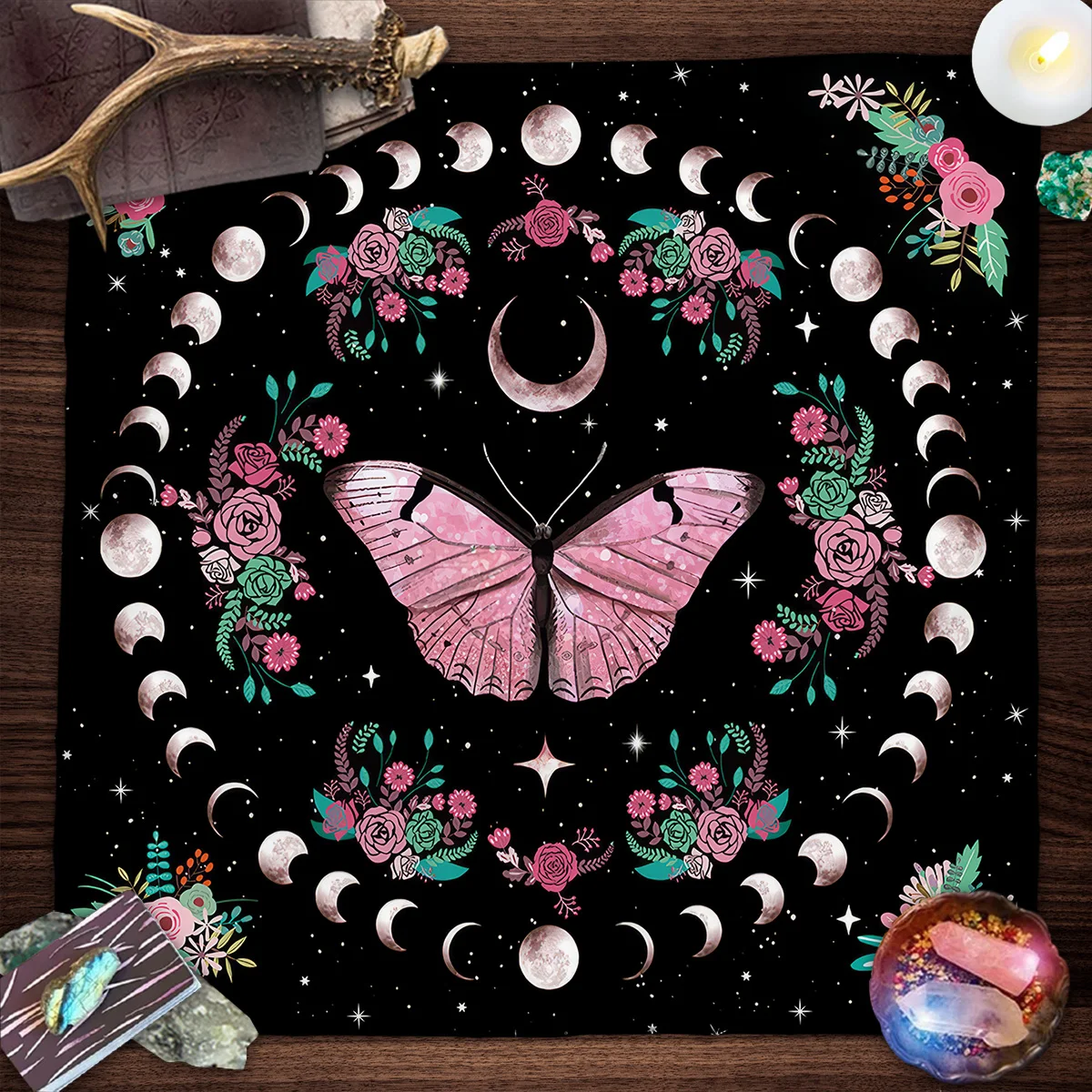 Pink Butterfly Moon Phase Floral Tarot Card Tablecloth Altar Cloth Witchcraft Astrology Oracle Divination Cloth Home Decor