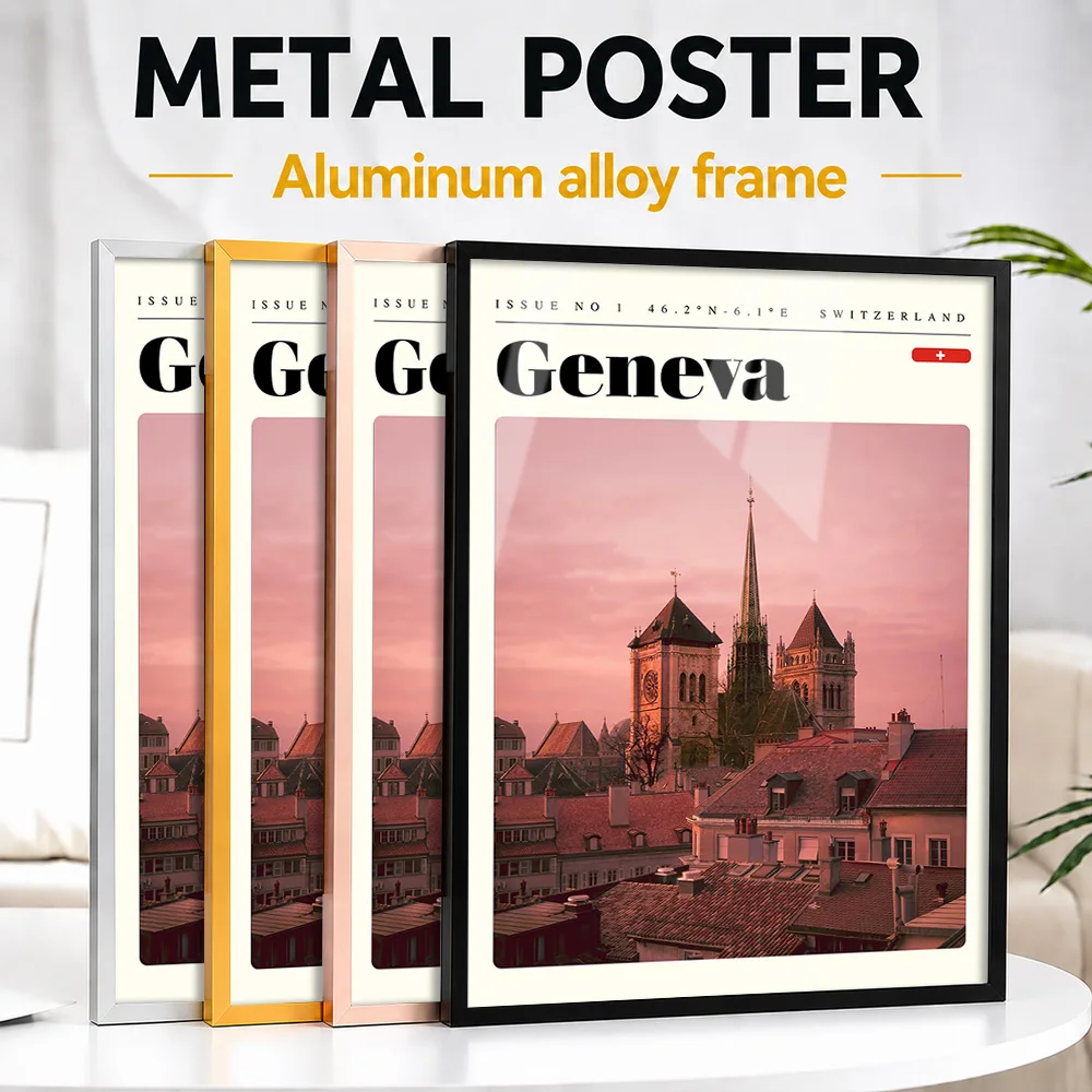 Geneva Switzerland Cityscape Framed Metal Poster Personalized Scenic Tribute Wall Art Perfect Within Office As Traveler Gift
