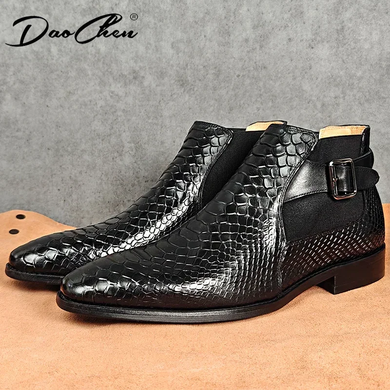 Mens Winter Luxury Ankle Boots Shoes Black Brown Snake Printed Slip On Chelsea Buckle Strap Genuine Leather Dress Men Boots