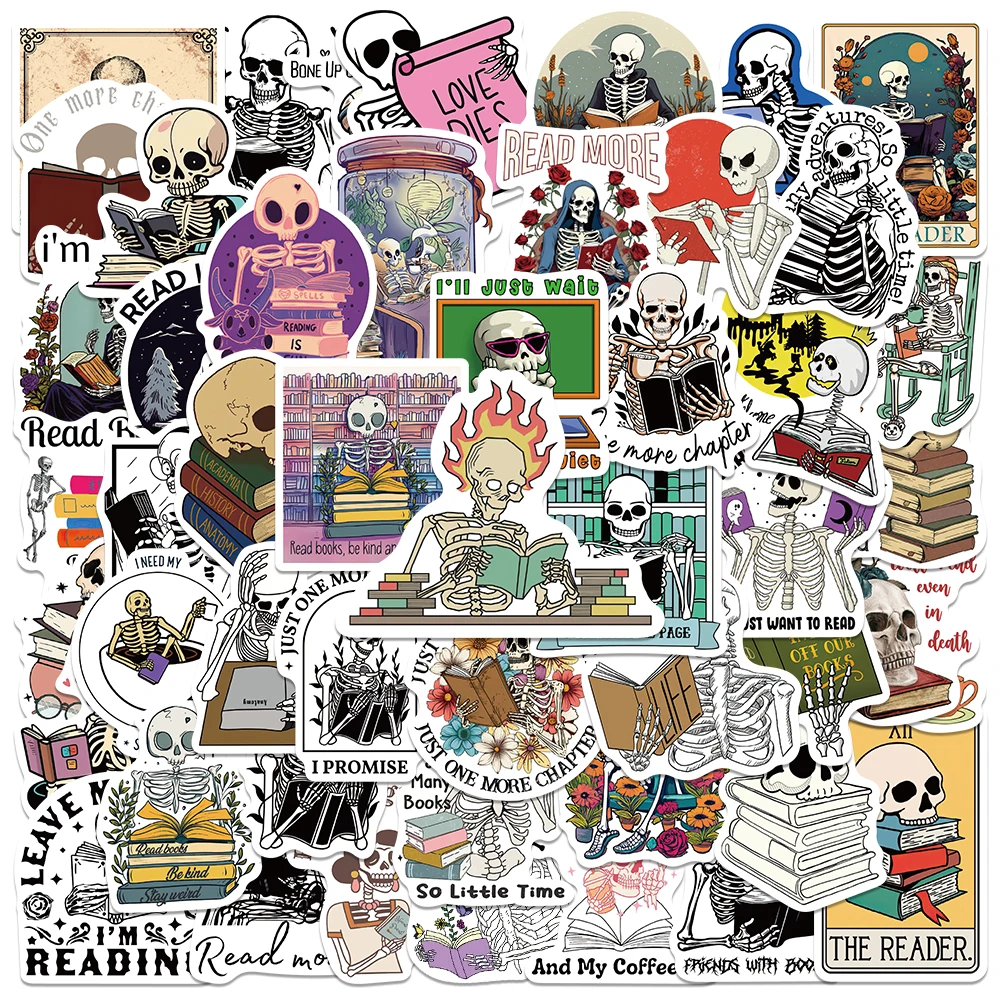 50PCS Funny Skull Reading Books Addicts Bookish Stickers for Notebook Luggage Skateboard Decoration Graffiti Decals Cool Sticker