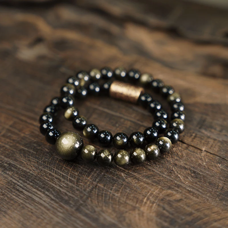 Handmade Copper Beads Natrual Golden Obsidian Stone Bracelet Metal Two Row Beaded Small Beads Romantic Unisex Black Jewelry