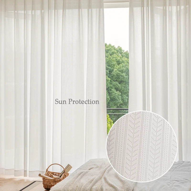 Mirrored Veil Semi - transparent Curtains Wheat Stripe Jacquard Curtain Living Room Bedroom Light Filtering Drapes Gift Hooks