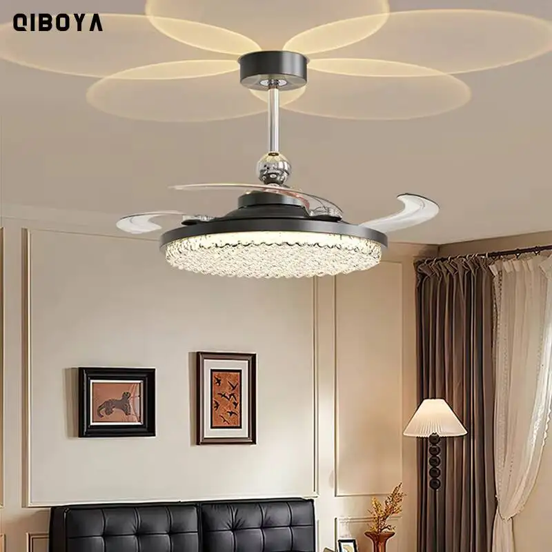 Modern Led Ceiling Fan Light Living Room Bedroom Dining Room Crystal Acrylic Invisible Fan Lamp Simple Home Indoor Lighting Lamp