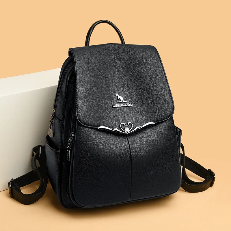 PU leather large-capacity student schoolbag with a flip cover and waterproof commuting lady's travel backpack