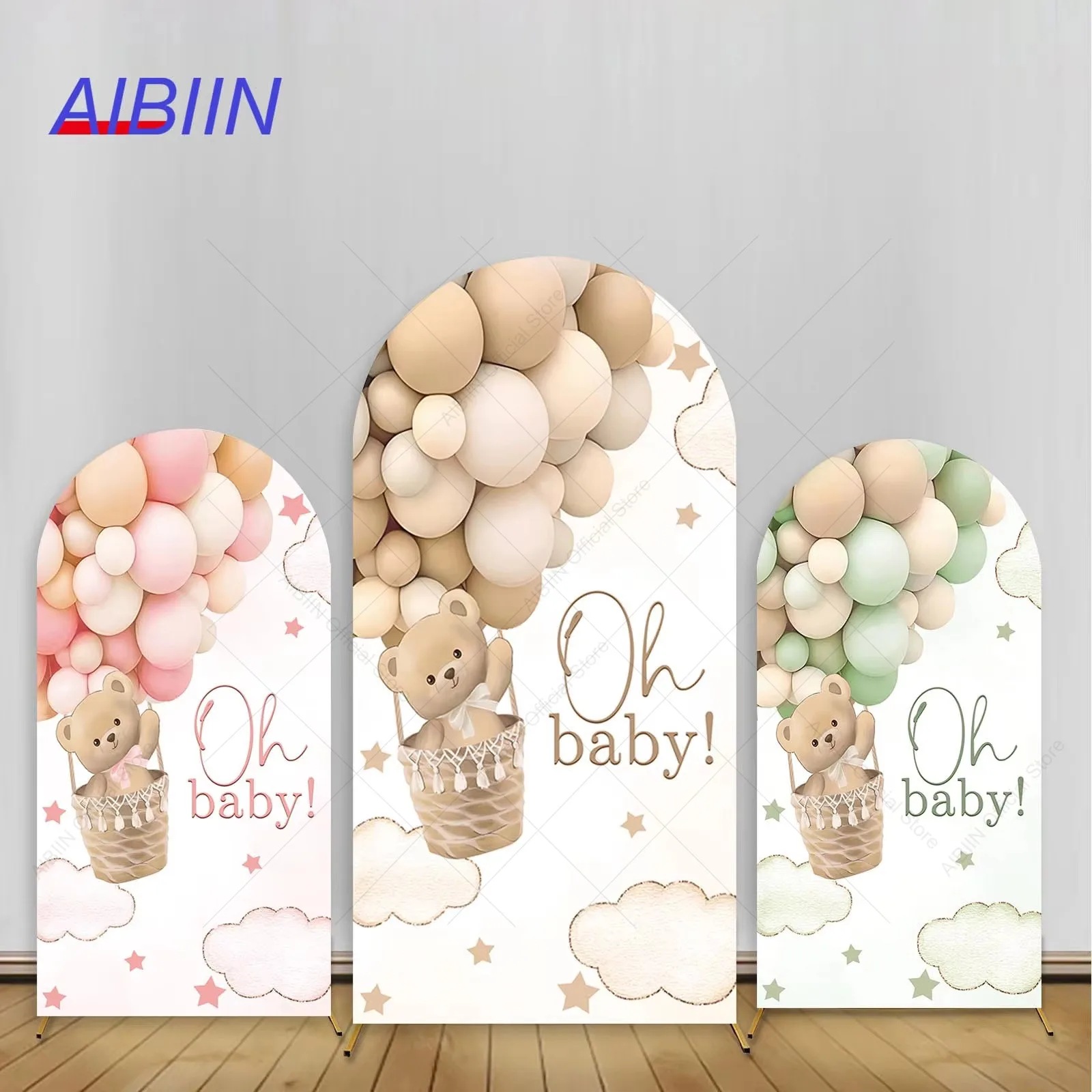 

Oh Baby Arch Backdrop Cover Brown or Pink or Cyan Cute Bear Balloons Clouds Star Kids Baby Shower Party Decoration Background