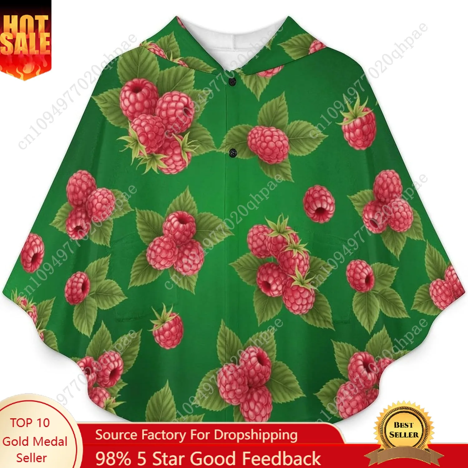 Acogedor suéter de manta de franela, patrón de frambuesa sobre sudadera verde de gran tamaño con bolsillos para niños y adolescentes