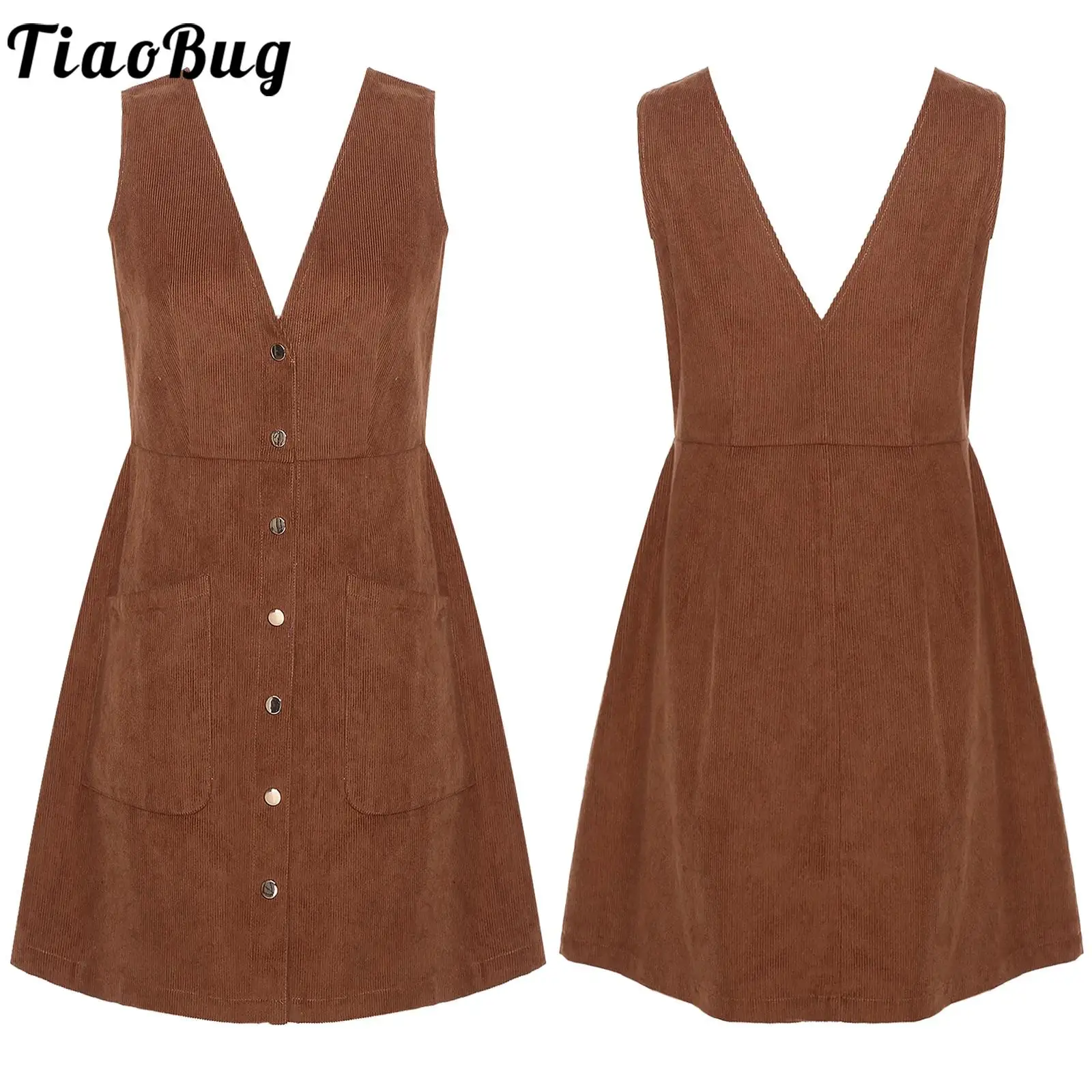 여성 레트로 코듀로이 탱크 드레스 기본 브이넥 프레싱 버튼 프론트 패치 포켓 드레스 데일리 오피스 쇼핑 데이트용