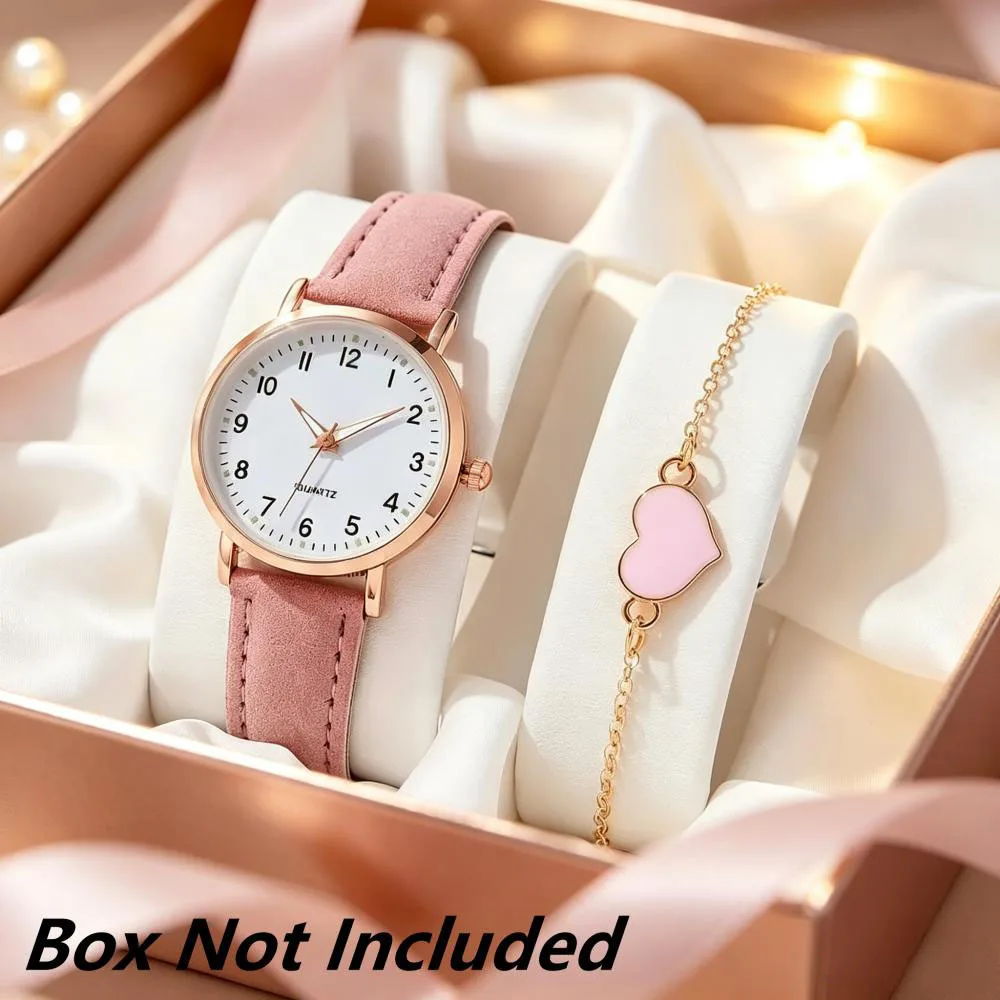 2PC Fashion Quartz Watch and Women's Heart-Shaped Bracelet Set, Casual Multifunctional Women's Watch without Gift Box